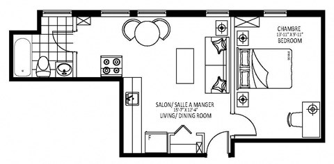 Floor plan for 1 bed, 1 bath